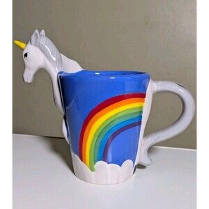 THINKGEEK 3D Unicorn Rainbow Ceramic Mug 2017 Hand Painted 16 oz Figural Planter